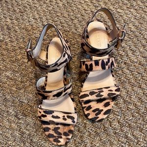 J Crew Calf Hair Leopard Low Block Heel Sandals